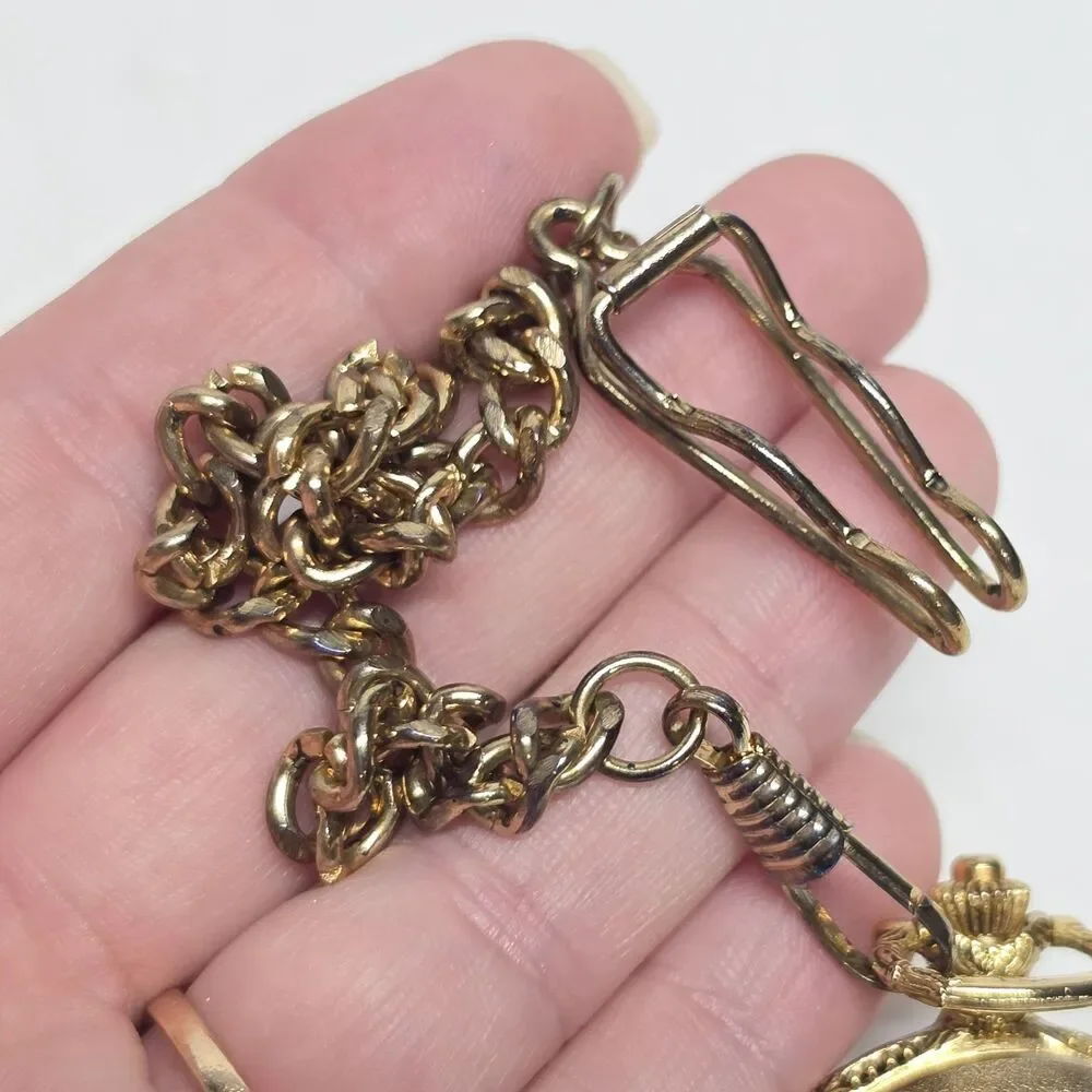 Vintage Midwest Traders Metal Gold Tone Quartz Golfer Pocket Watch With Chain
